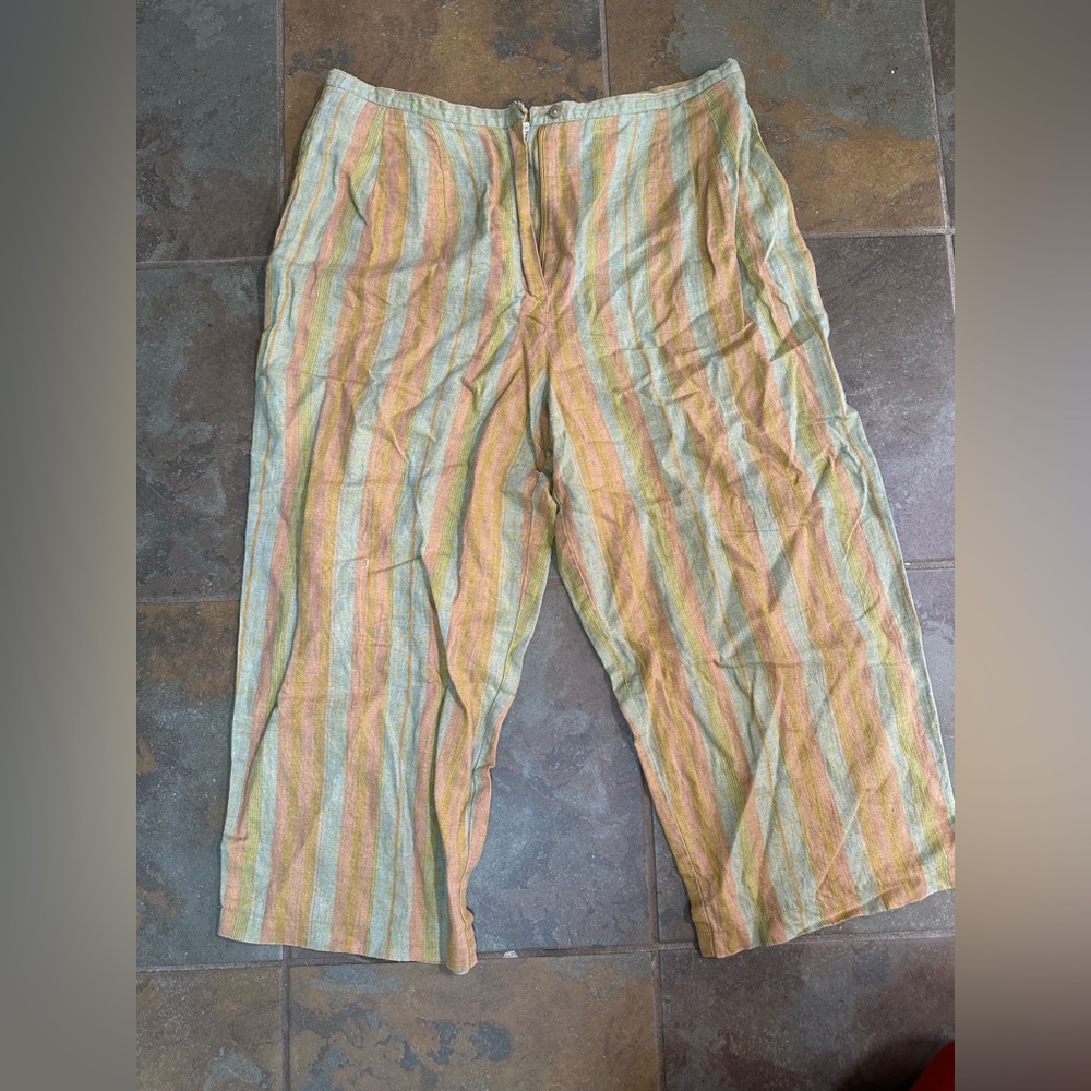 Harve Benard Women 100% Linen Wide Leg Cropped Pants Multicolor Stripe Size 14